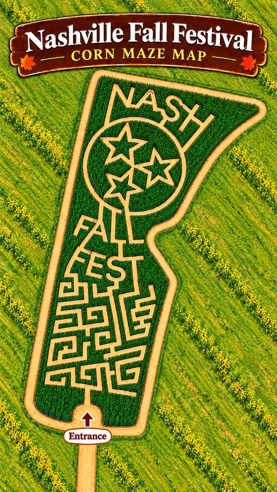 Nashville Fall Festival corn maze map. The maze is cut into a Tennessee tristar inside a circle with the words NASH FALL FEST, and the entrance is at the bottom.