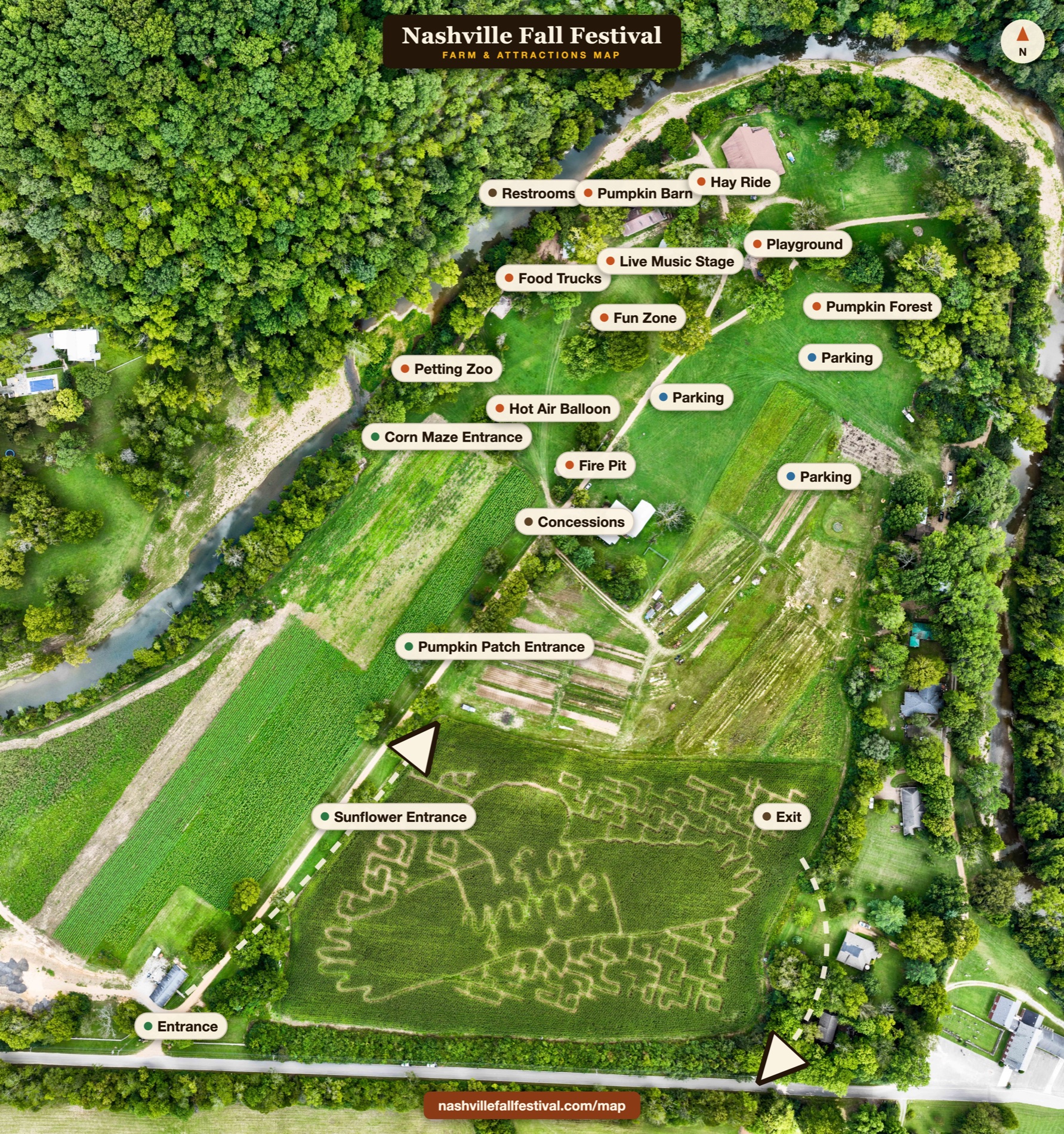 Nashville Fall Festival farm and attractions map showing the entrance, corn maze, sunflower field, pumpkin patch, petting zoo, hot air balloon, hay ride, food trucks, live music stage, playground, pumpkin forest, fire pit, concessions, restrooms, parking, and exit.